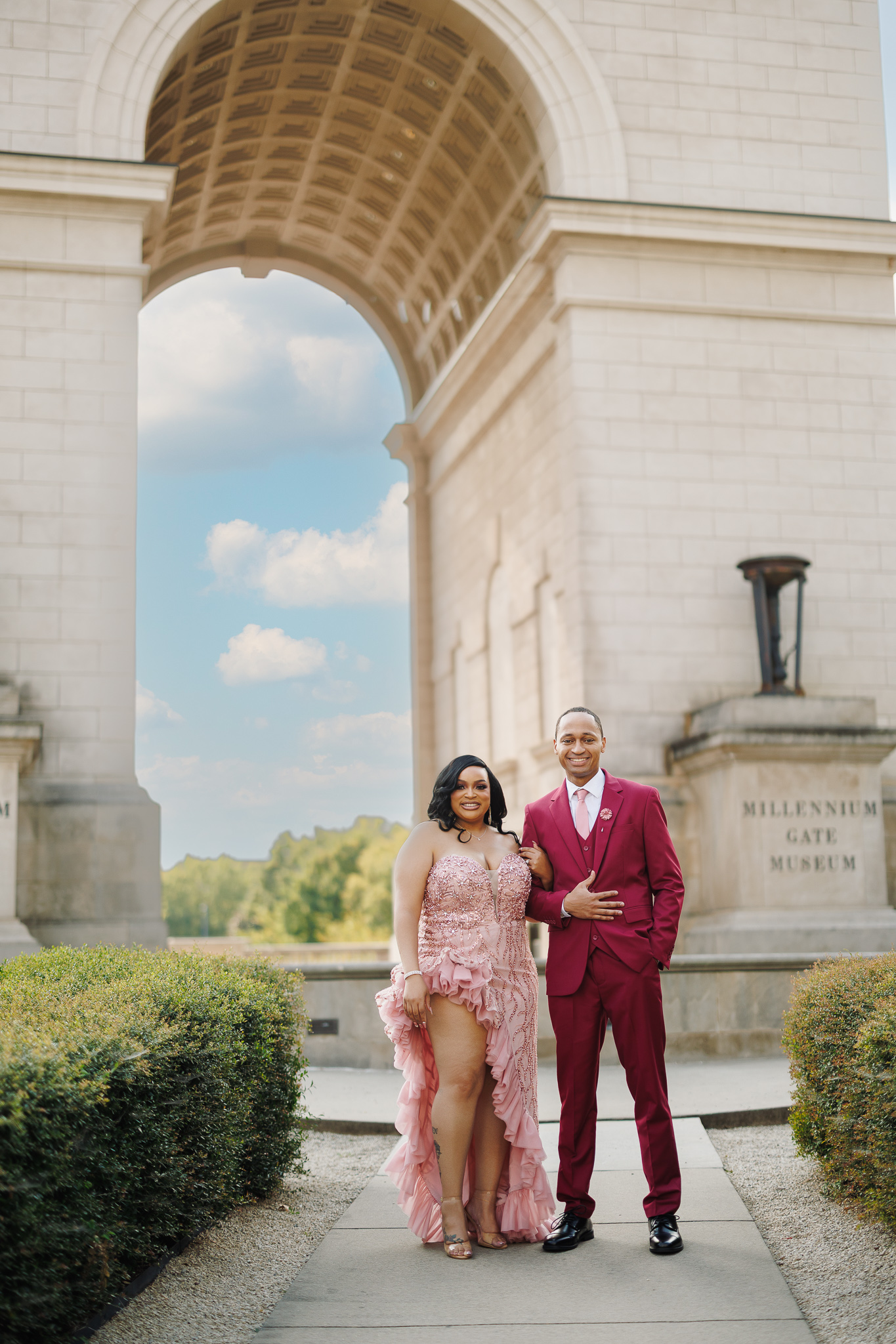Couple during engagement session at the Millennium Gate Museum in Atlanta, photographed by B. Smitty Photos