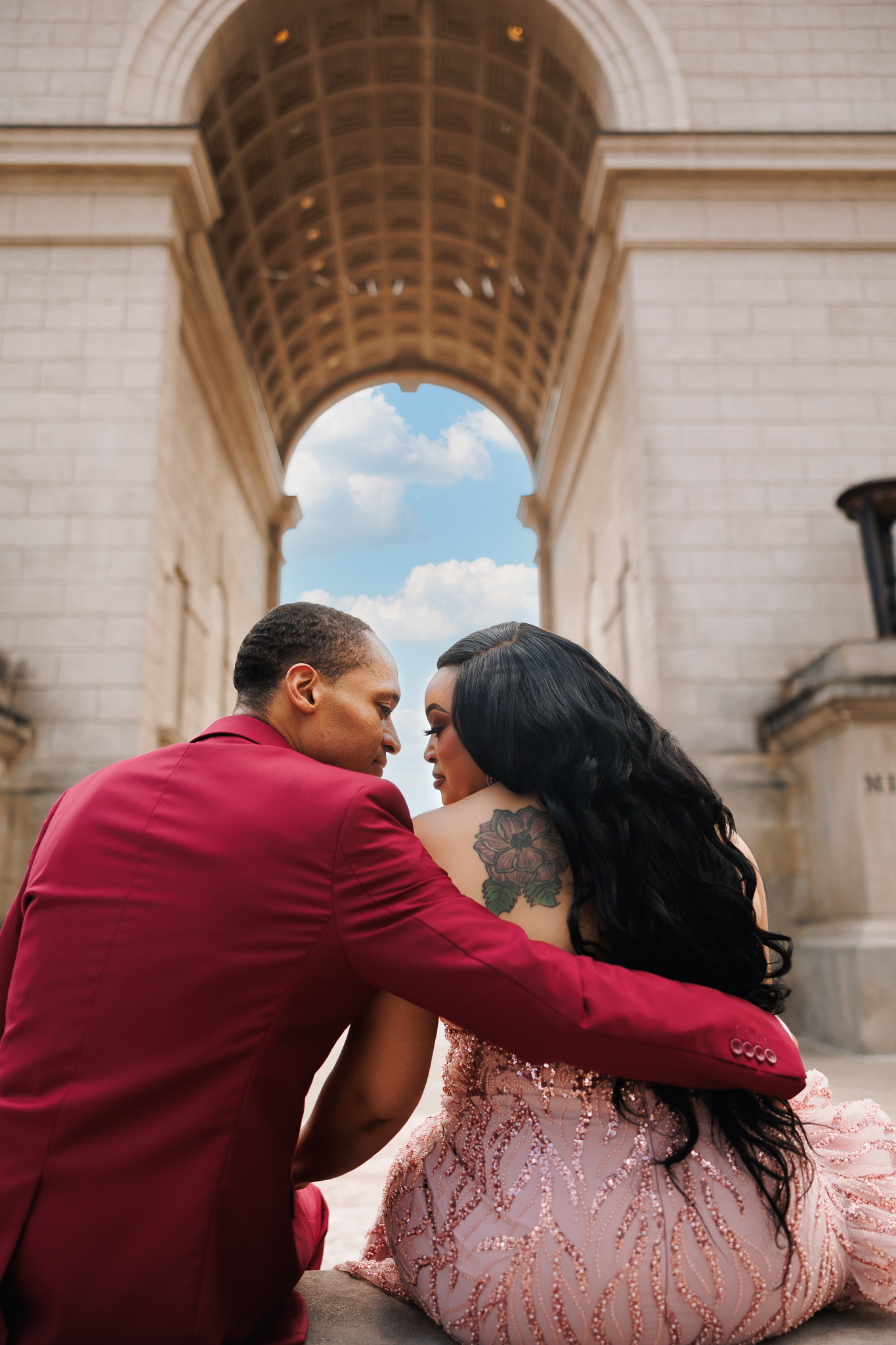 Couple during engagement session at the Millennium Gate Museum in Atlanta, photographed by B. Smitty Photos