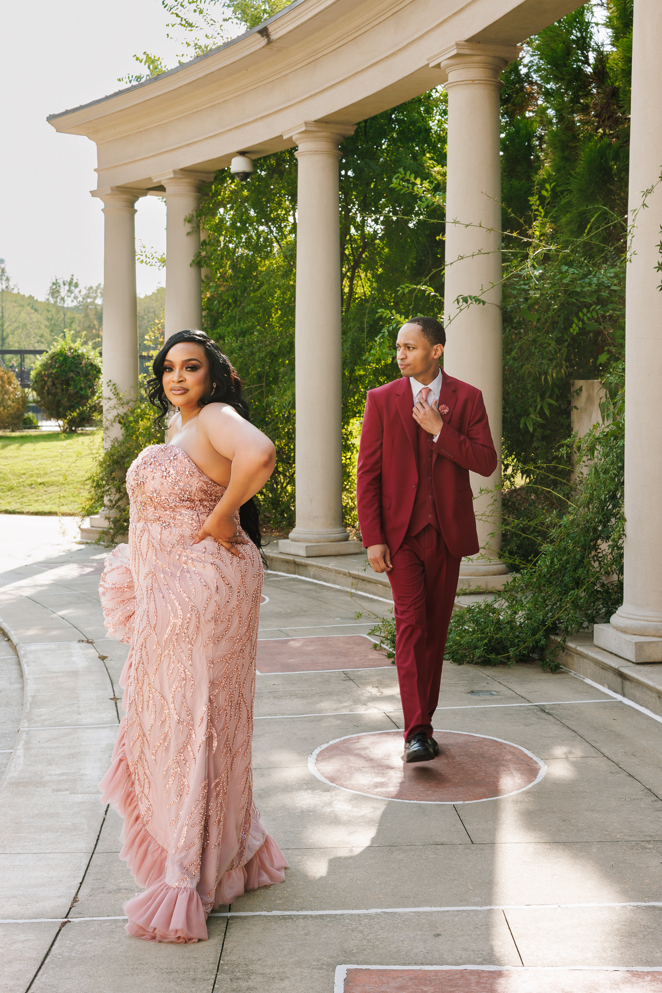 Couple during engagement session at the Millennium Gate Museum in Atlanta, photographed by B. Smitty Photos